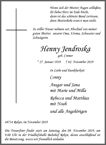Traueranzeige von Henny Jendroska von Stadtspiegel Bottrop