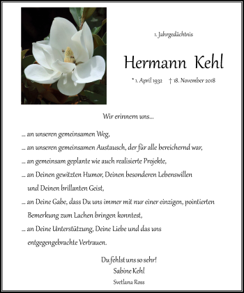 Traueranzeige von Hermann Kehl von WVW Anzeigenblätter