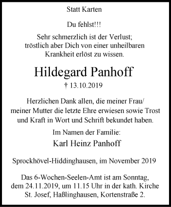 Traueranzeige von Hildegard Panhoff von wap Schwelm/Gevelsberg/Ennepetal