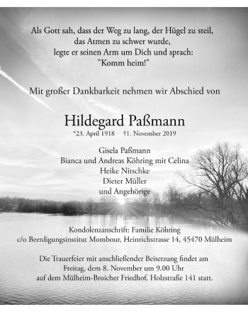 Traueranzeige von Hildegard Paßmann von Mülheimer Woche