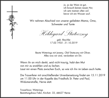 Traueranzeige von Hildegard Stateczny von Wochenblatt Herne/Wanne-Eickel