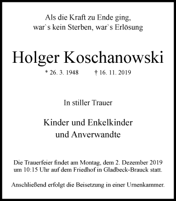 Traueranzeige von Holger Koschanowski von Stadtspiegel Gladbeck