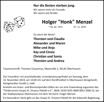 Traueranzeige von Holger  Menzel von Wochen-Anzeiger Oberhausen