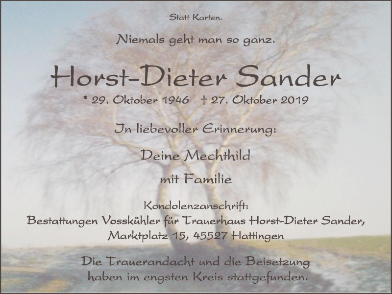 Traueranzeigen von HorstDieter Sander TrauerinNRW.de