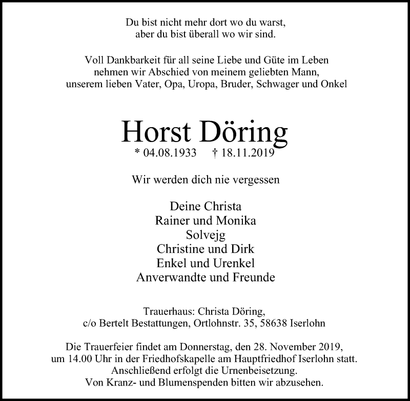  Traueranzeige für Horst Döring vom 23.11.2019 aus Stadtspiegel Iserlohn + Hemer