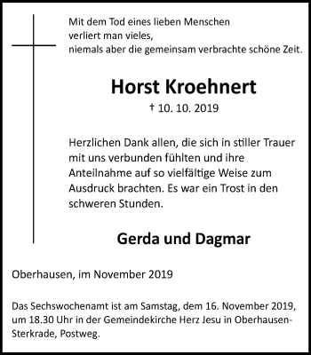 Traueranzeige von Horst Kroehnert von Wochen-Anzeiger Oberhausen