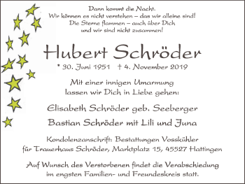 Traueranzeige von Hubert Schröder von Stadtspiegel Hattingen/Niedersprockhövel