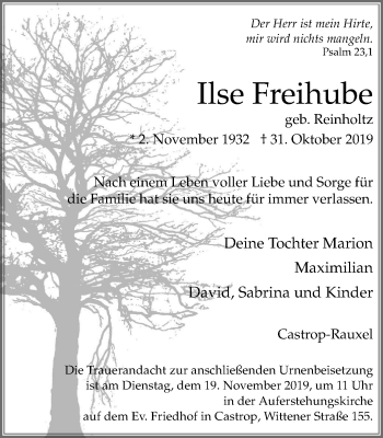 Traueranzeige von Ilse Freibube von Stadtanz.Castrop-Rauxel