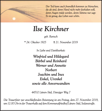 Traueranzeige von Ilse Kirchner von Lüner Anzeiger