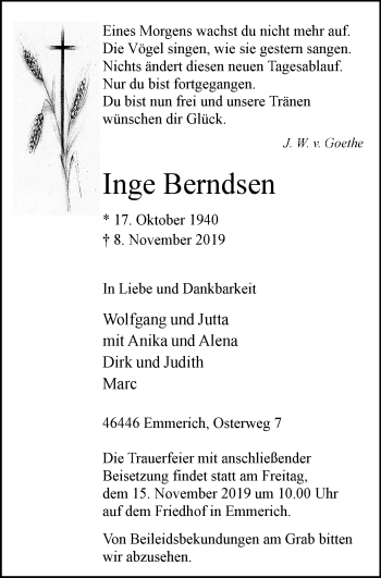 Traueranzeige von Inge Berndsen von Stadtanzeiger Emmerich/Rees/Isselburg