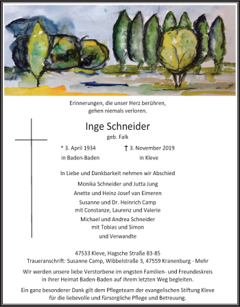 Traueranzeige von Inge Schneider von Klever Wochenblatt