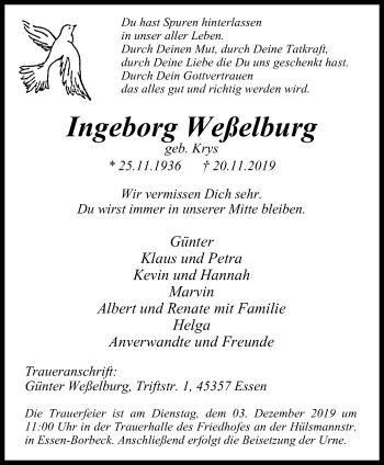 Traueranzeige von Ingeborg Weßelburg von Borbeck Kurier