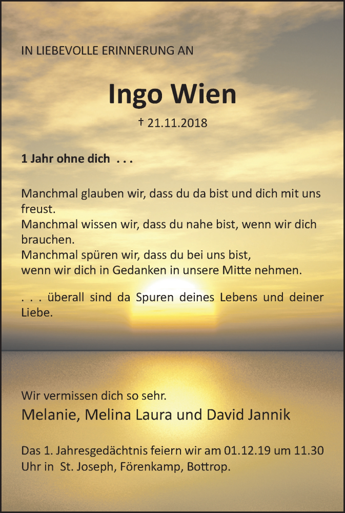  Traueranzeige für Ingo Wien vom 20.11.2019 aus Stadtspiegel Bottrop