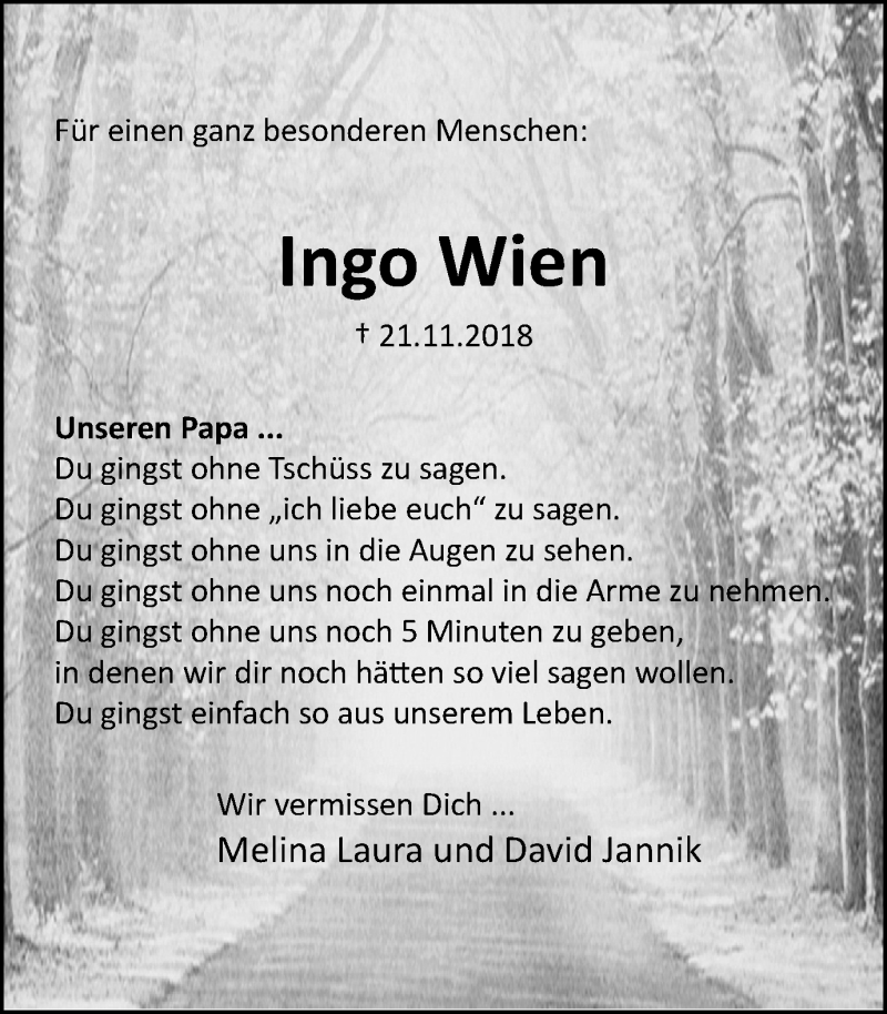  Traueranzeige für Ingo Wien vom 20.11.2019 aus Stadtspiegel Bottrop