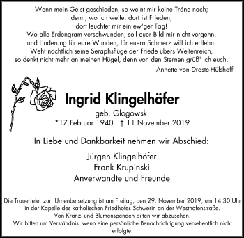 Traueranzeige von Ingrid Klingelhöfer von Stadtanz.Castrop-Rauxel