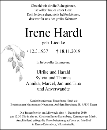 Traueranzeige von Irene Hardt von Nord Anzeiger Essen