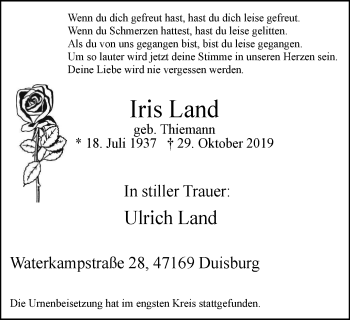Traueranzeige von Iris Land von Wochen-Anzeiger Duisburg