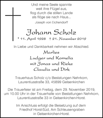 Traueranzeige von Johann Scholz von Stadtspiegel Gelsenkirchen