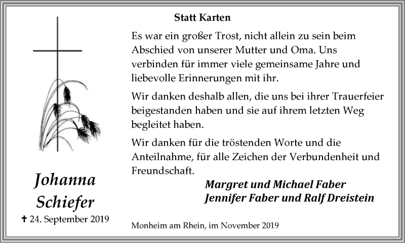  Traueranzeige für Johanna Schiefer vom 02.11.2019 aus Wochen-Anzeiger Langenfeld/Monheim/Hilden
