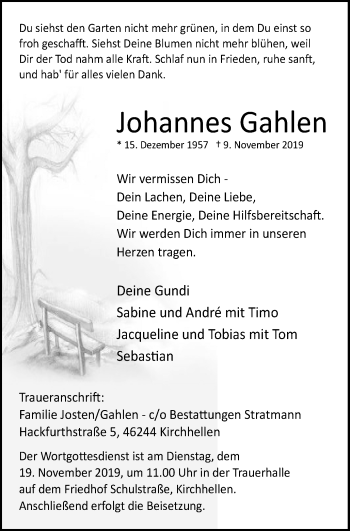 Traueranzeige von Johannes Gahlen von Stadtspiegel Bottrop