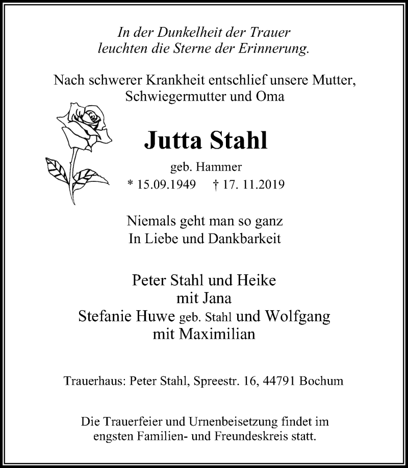  Traueranzeige für Jutta Stahl vom 23.11.2019 aus Stadtanz.Castrop-Rauxel