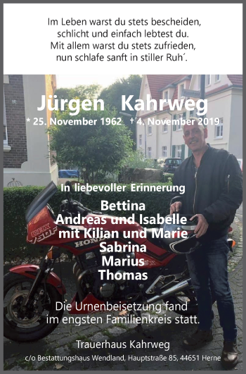 Traueranzeige von Jürgen Kahrweg von Wochenblatt Herne/Wanne-Eickel