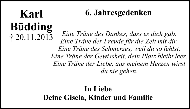  Traueranzeige für Karl Büdding vom 20.11.2019 aus Stadtanz.Castrop-Rauxel
