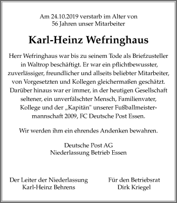 Traueranzeige von Karl-Heinz Wefringhaus von Stadtanz.Castrop-Rauxel