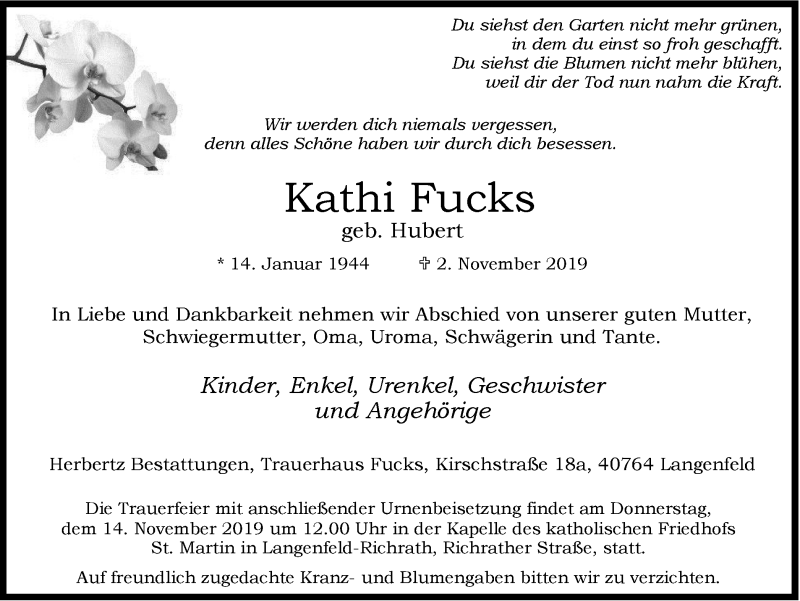  Traueranzeige für Kathi Fucks vom 09.11.2019 aus Wochen-Anzeiger Langenfeld/Monheim/Hilden