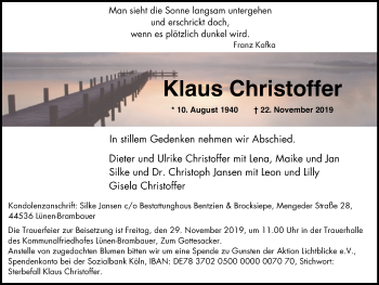 Traueranzeige von Klaus Christoffer von Lüner Anzeiger