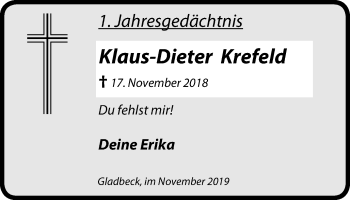 Traueranzeige von Klaus-Dieter Krefeld von Stadtspiegel Gladbeck