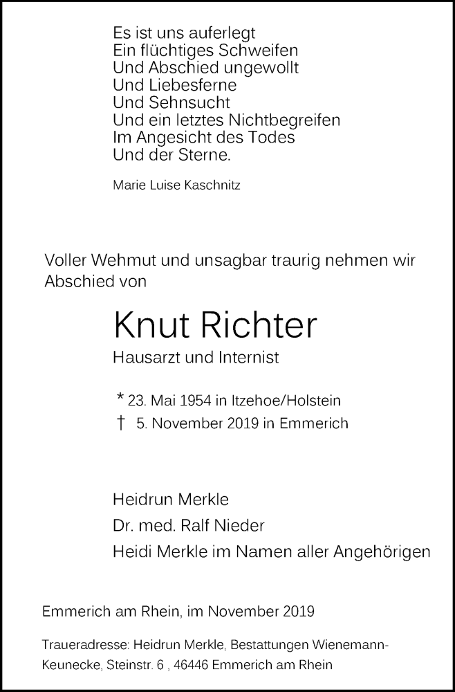 Traueranzeige für Knut Richter vom 09.11.2019 aus Stadtanzeiger Emmerich/Rees/Isselburg