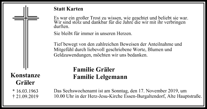  Traueranzeige für Konstanze Gräler vom 13.11.2019 aus Ruhr Kurier