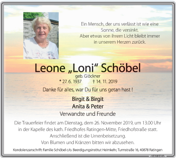 Traueranzeige von Leone Schöbel von WVW Anzeigenblätter