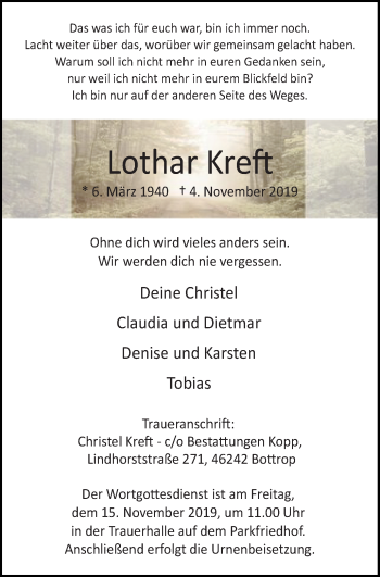 Traueranzeige von Lothar Kreft von Stadtspiegel Bottrop