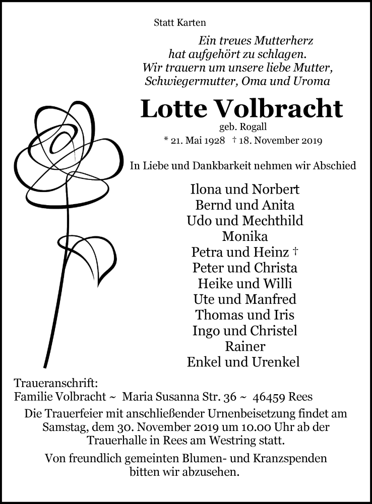  Traueranzeige für Lotte Volbracht vom 23.11.2019 aus Stadtanzeiger Emmerich/Rees/Isselburg
