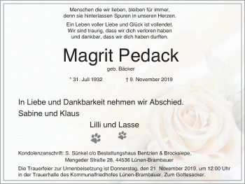 Traueranzeige von Magrit Pedack von Lüner Anzeiger