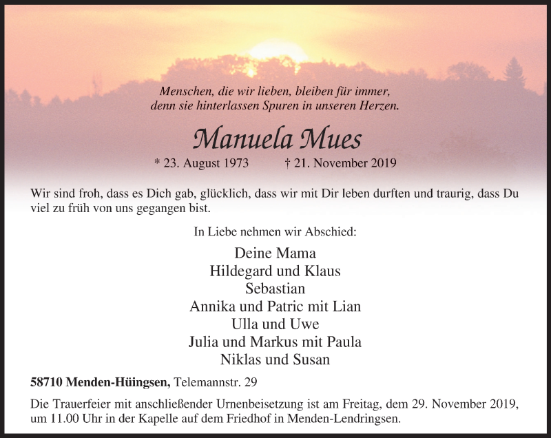  Traueranzeige für Manuela Mues vom 27.11.2019 aus Stadtspiegel Menden + Froendenberg
