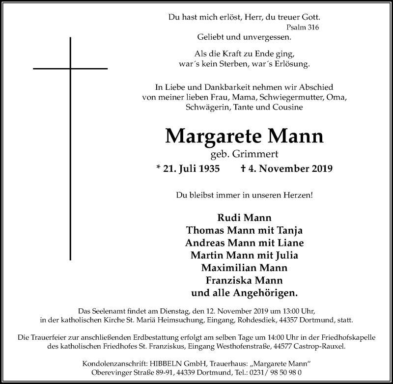  Traueranzeige für Margarete Mann vom 09.11.2019 aus Stadtanz.Castrop-Rauxel