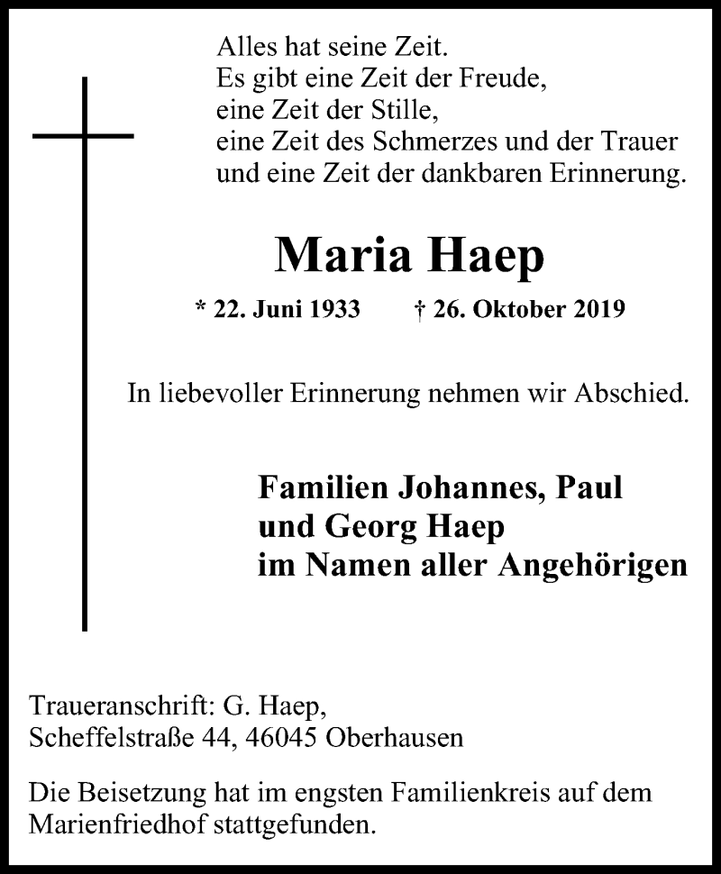  Traueranzeige für Maria Haep vom 02.11.2019 aus Wochen-Anzeiger Oberhausen
