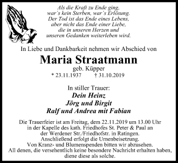 Traueranzeige von Maria Straatmann von WVW Anzeigenblätter