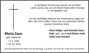 Traueranzeige von Maria Zaun von Stadtspiegel Bottrop
