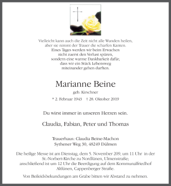 Traueranzeige von Marianne Beine von Lüner Anzeiger