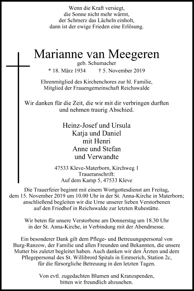  Traueranzeige für Marianne  van Meegeren vom 09.11.2019 aus Klever Wochenblatt
