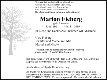 Traueranzeige von Marion Fieberg von Wochen-Anzeiger Oberhausen