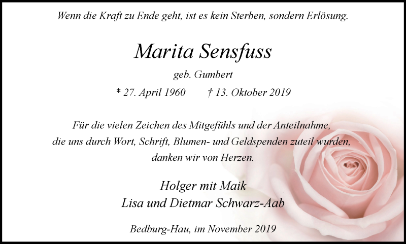  Traueranzeige für Marita Sensfuss vom 09.11.2019 aus Klever Wochenblatt