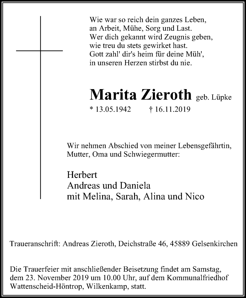  Traueranzeige für Marita Zieroth vom 20.11.2019 aus Stadtspiegel Wattenscheid