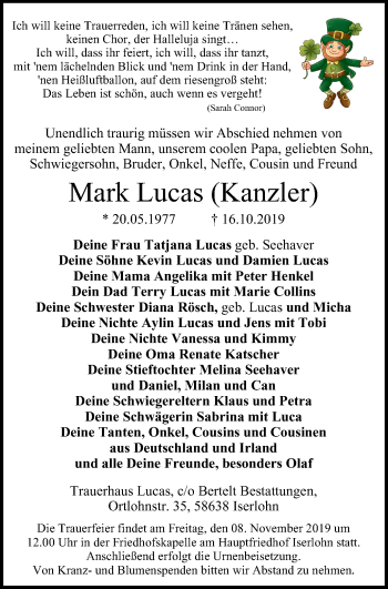 Traueranzeige von Mark Lucas von Stadtspiegel Iserlohn + Hemer
