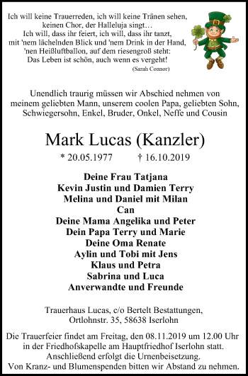Traueranzeige von Mark Lucas Kanzler von Stadtspiegel Iserlohn + Hemer