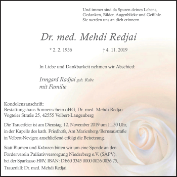 Traueranzeige von Mehdi Redjai von Stadtanzeiger Velbert + Heiligenhaus
